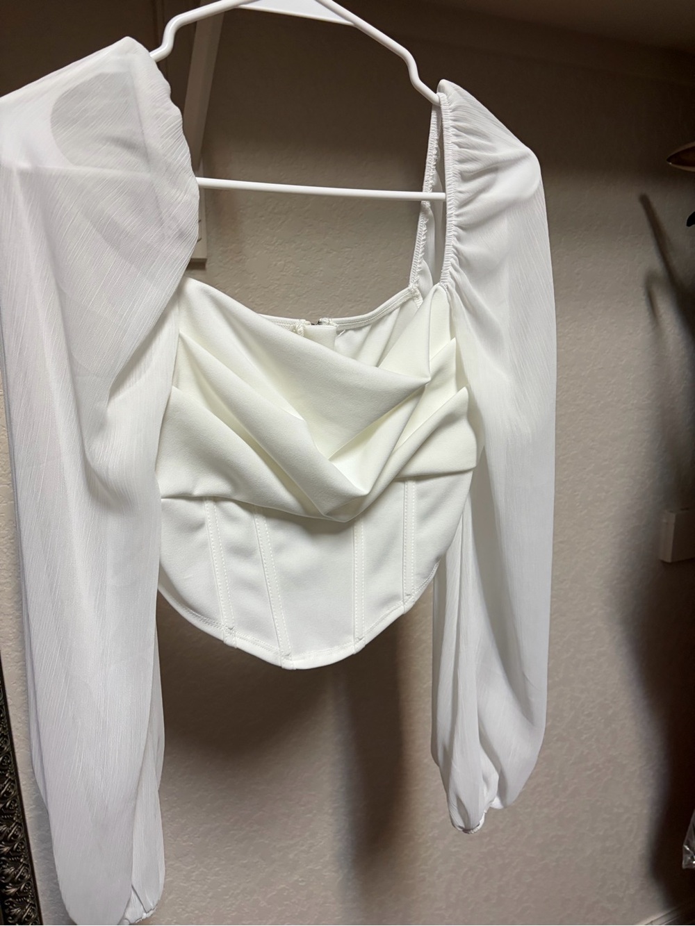 SHEIN White Draped Corset Blouse with Sheer Bishop Sleeves